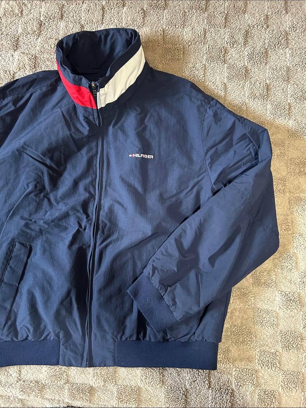 Tommy Hilfiger Vintage 2009 Navy Hooded Windbreaker Jacket XL Simple Logo